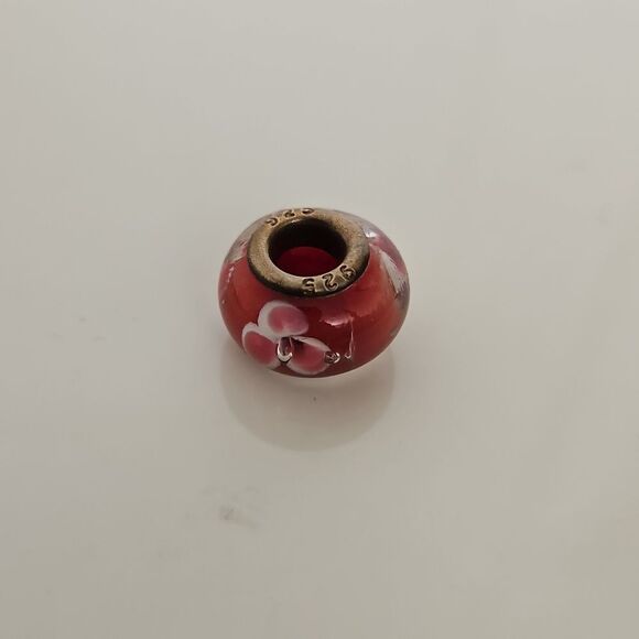 Murano Jewelry - Murano Glass Bead Flower Charm Stamped 925 Burgandy/ White